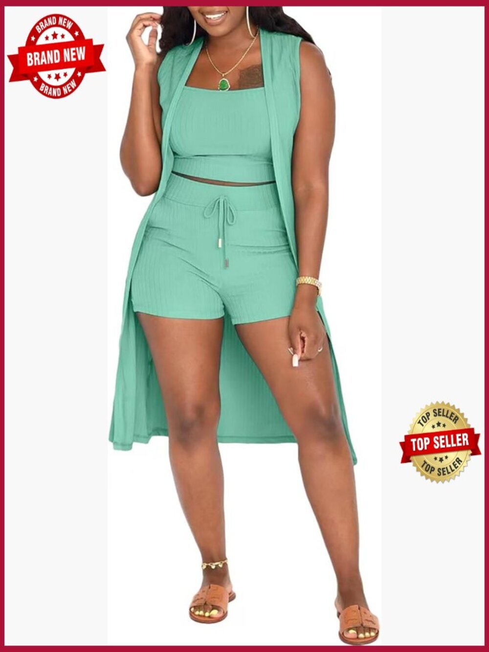 3 Piece Ribbed Lounge Set - Crop Top, Bodycon Shorts & Cardigan